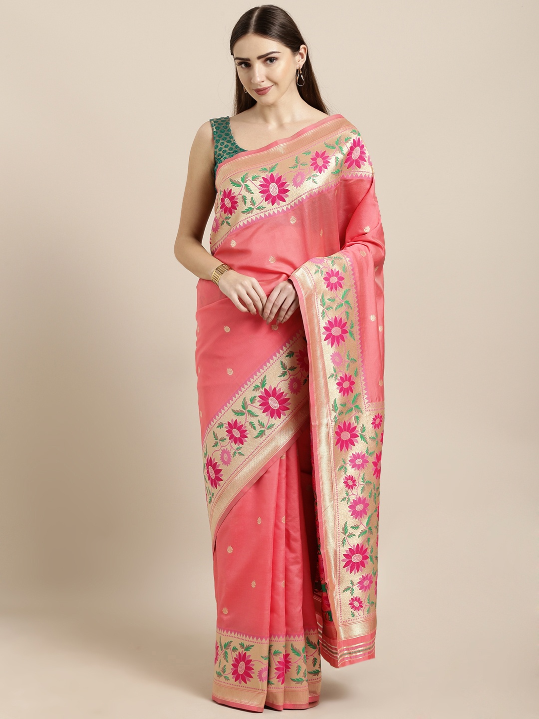

Mitera Pink Silk Blend Woven Design Kanjeevaram Saree