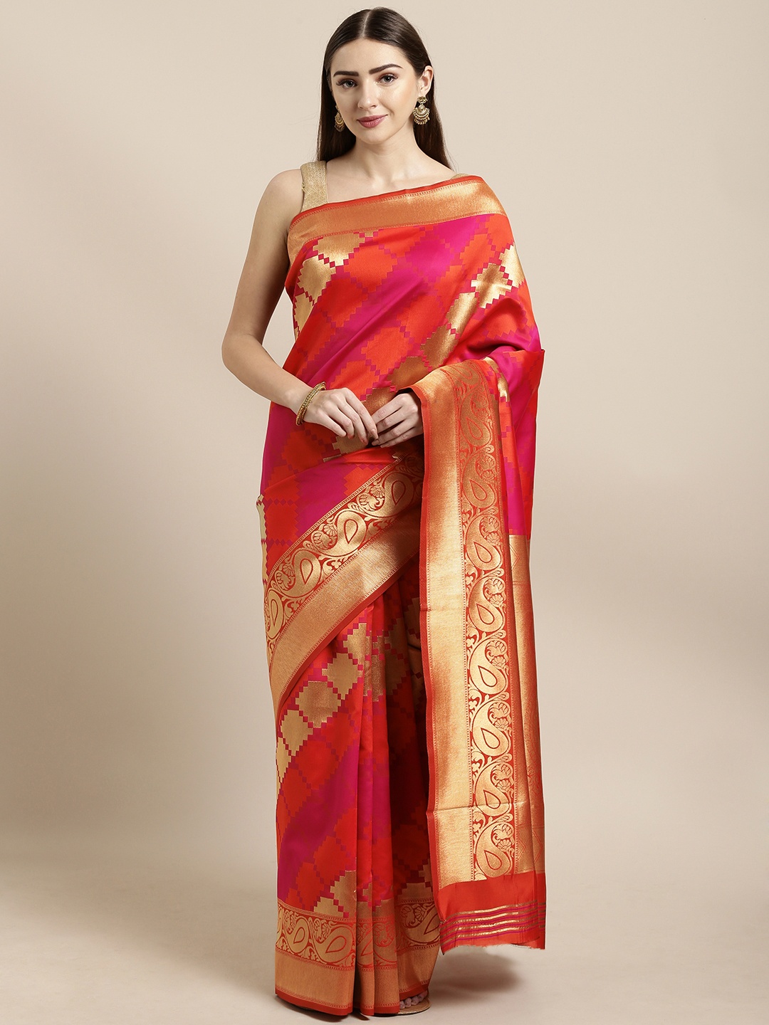 

Mitera Red & Orange Silk Blend Woven Design Kanjeevaram Saree