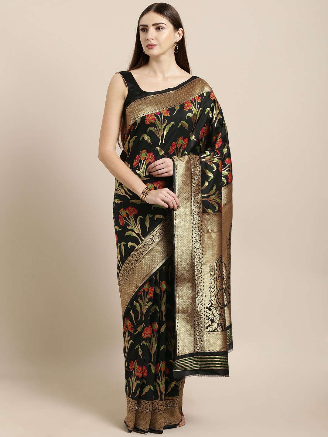 

Mitera Black Silk Blend Woven Design Kanjeevaram Saree