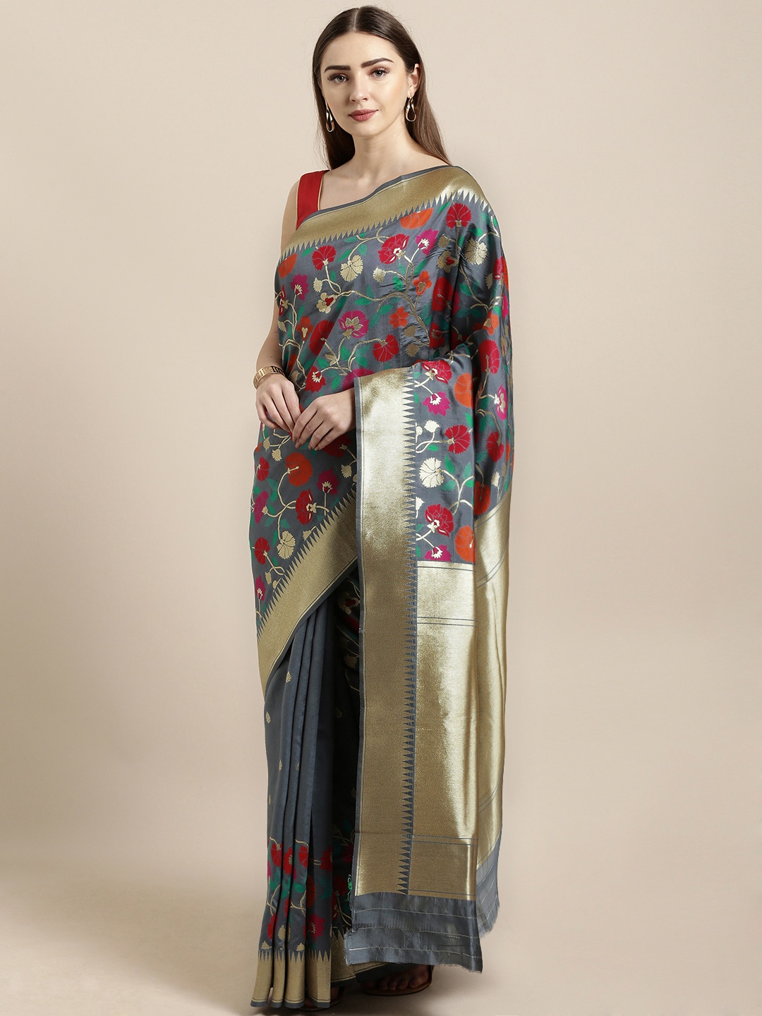 

Mitera Grey Silk Blend Woven Design Kanjeevaram Saree