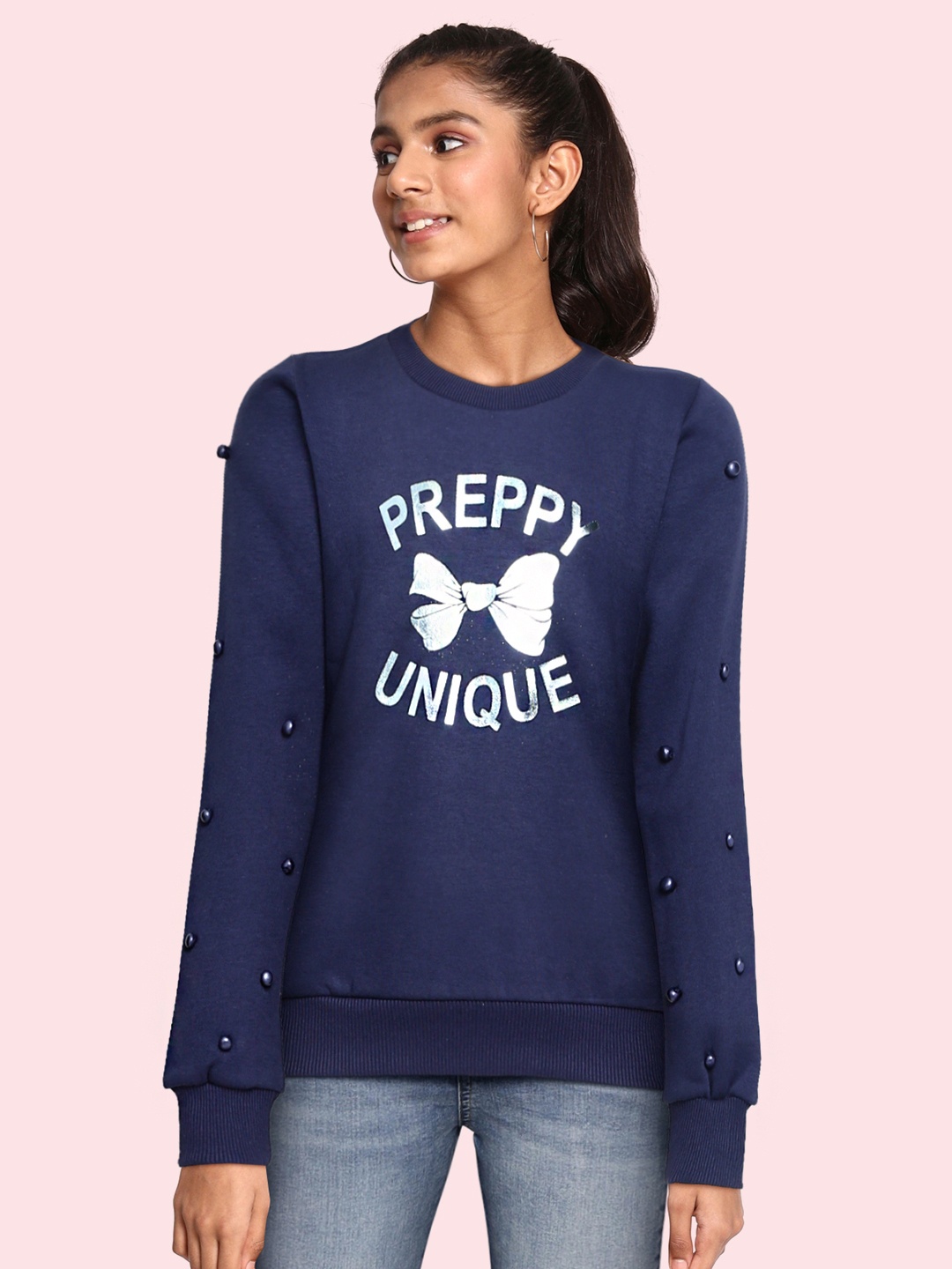 

Gini and Jony Girls Navy Blue Printed Sweatshirt with Embellished Detail