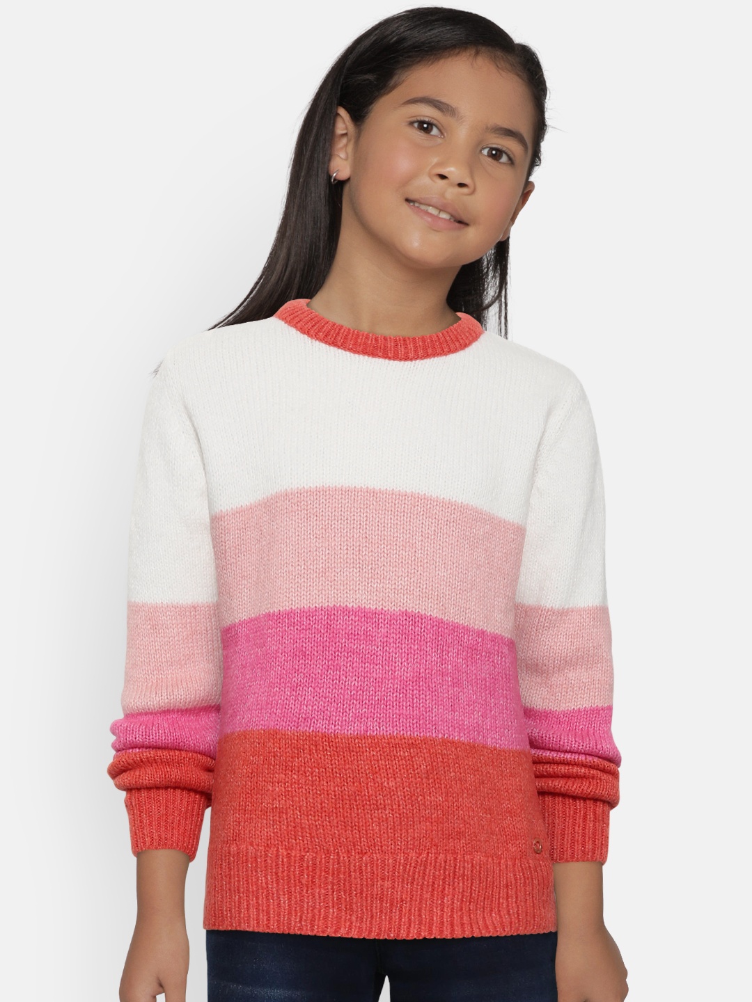 

Gini and Jony Girls White & Pink Colourblocked Pullover Sweater