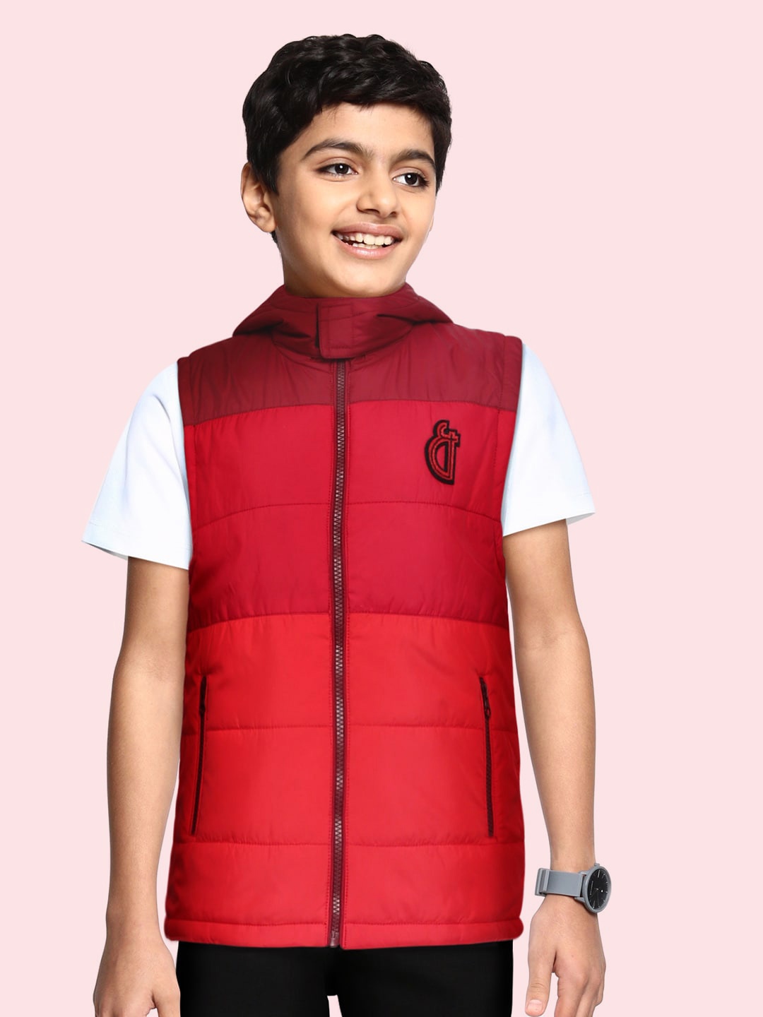 

Gini and Jony Boys Red & Maroon Colourblocked Hooded Padded Jacket