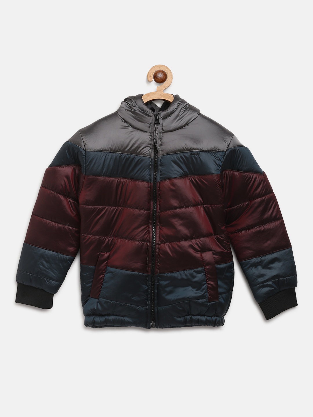 

Gini and Jony Boys Burgundy & Green Colourblocked Hooded Puffer Jacket