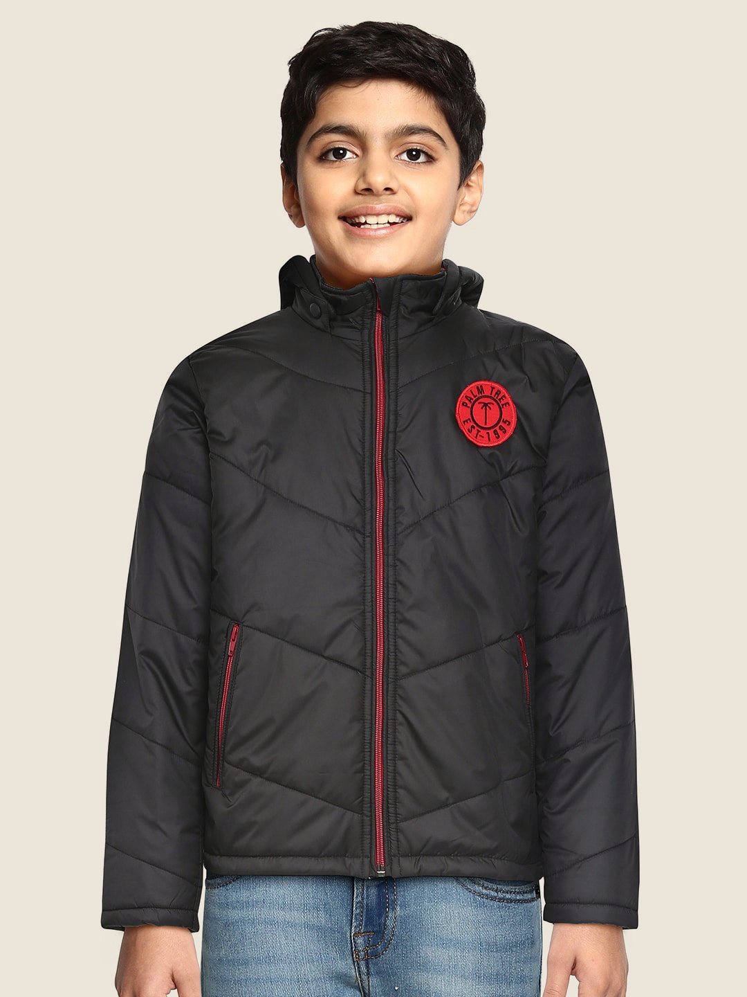 

Palm Tree Boys Solid Hooded Padded Jacket, Black