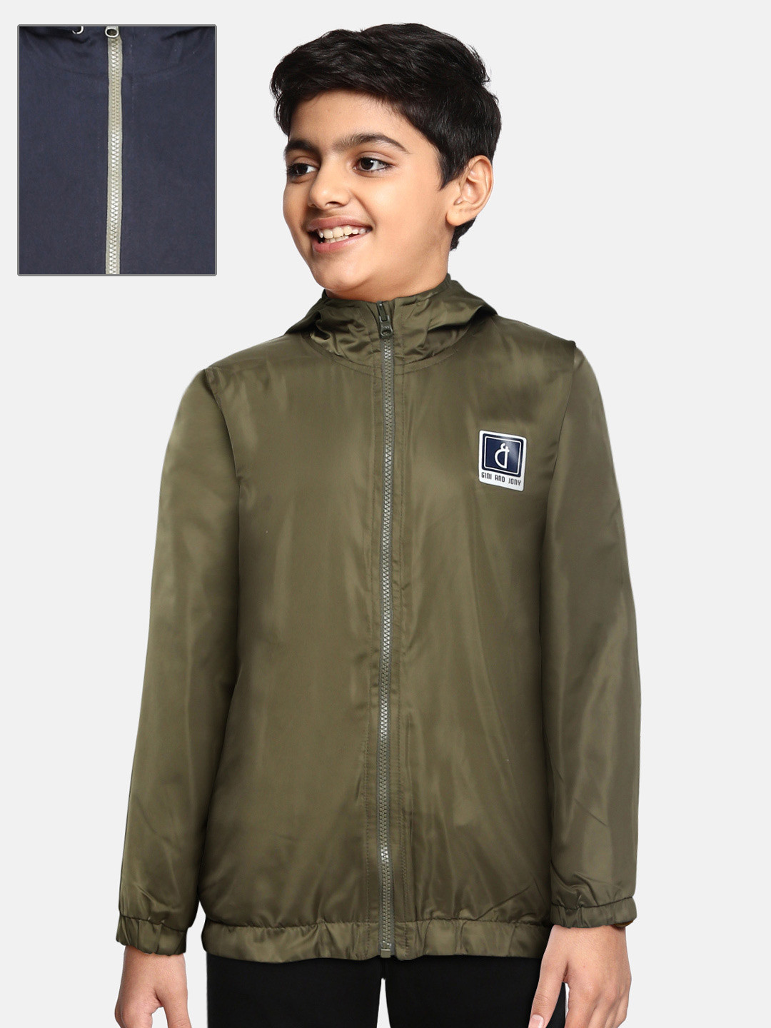 

Gini and Jony Boys Olive Green & Navy Solid Reversible Hooded Bomber Jacket