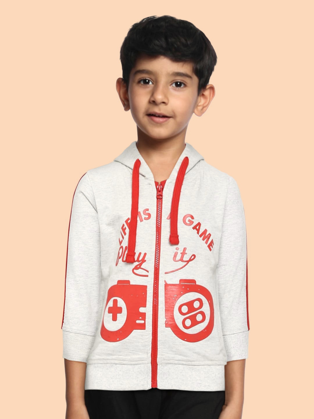 

Palm Tree Boys Grey Melange & Orange Printed Hooded Front-Open Sweatshirt