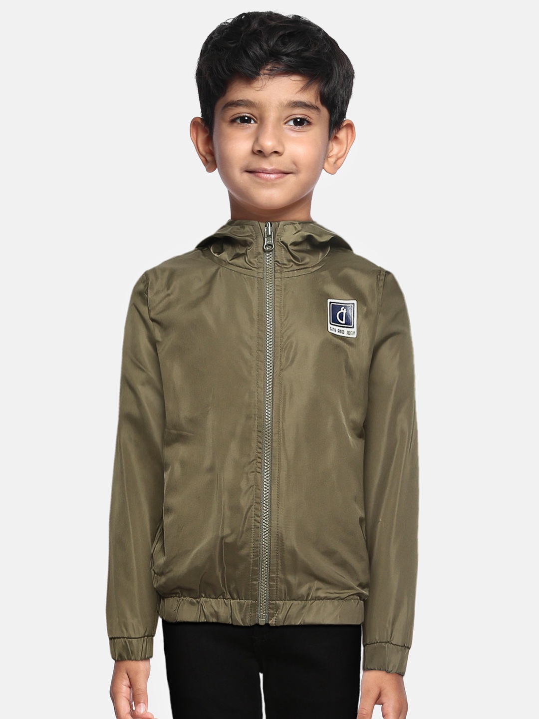 

Gini and Jony Boys Olive Green Solid Hooded Reversible Bomber Jacket