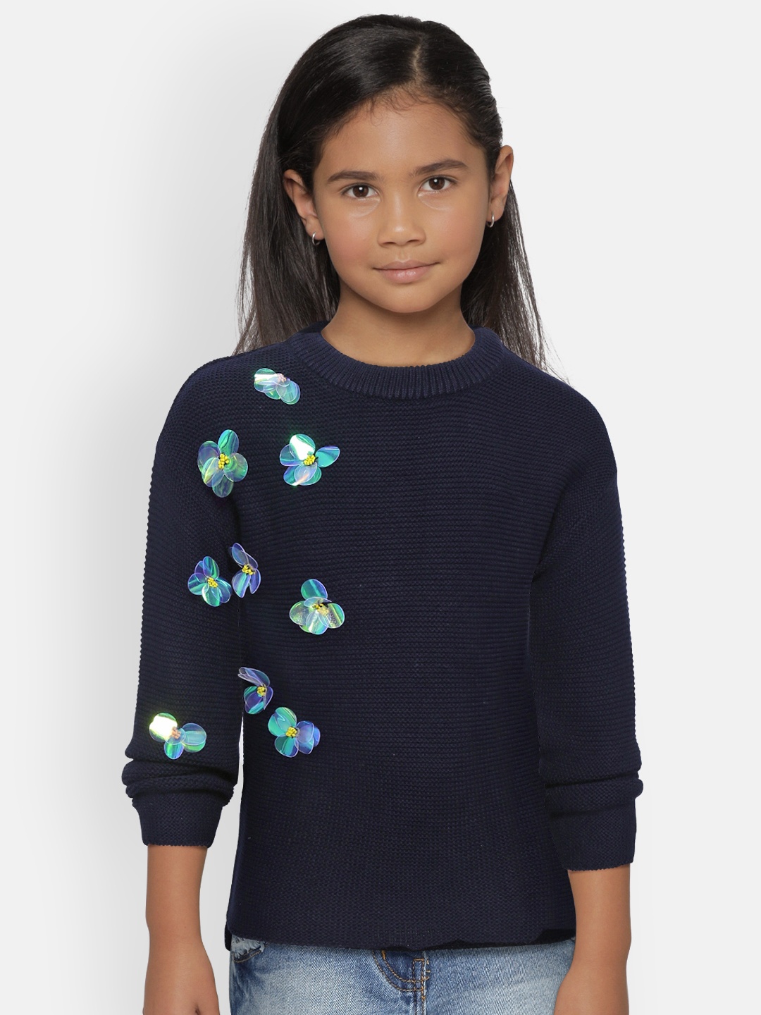 

Gini and Jony Girls Navy Blue Floral Applique Detail Pullover Sweater