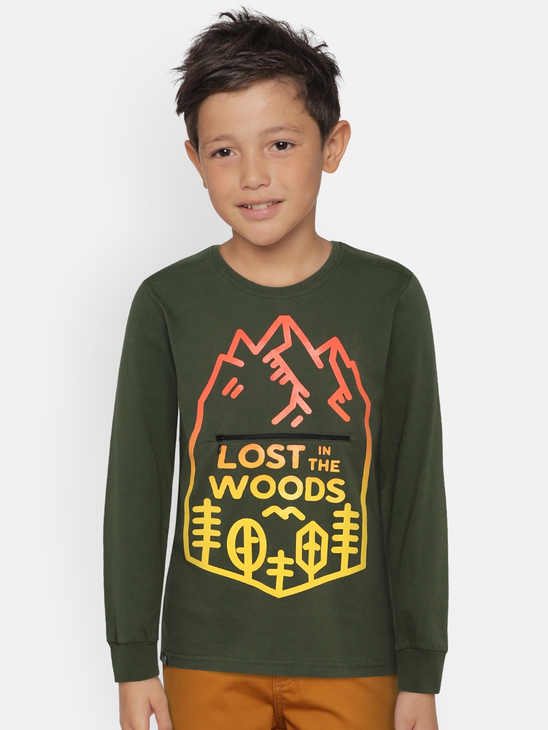 

Palm Tree Boys Olive Green Printed Round Neck Pure Cotton T-shirt