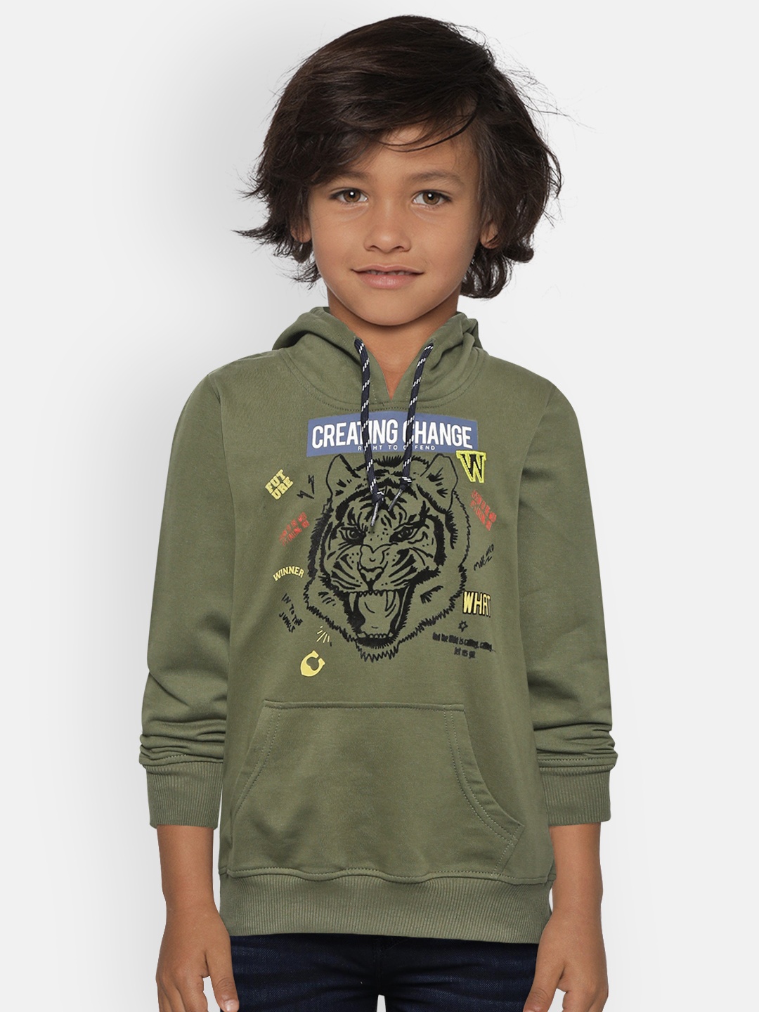 

Gini and Jony Boys Olive Green Printed Hooded Sweatshirt