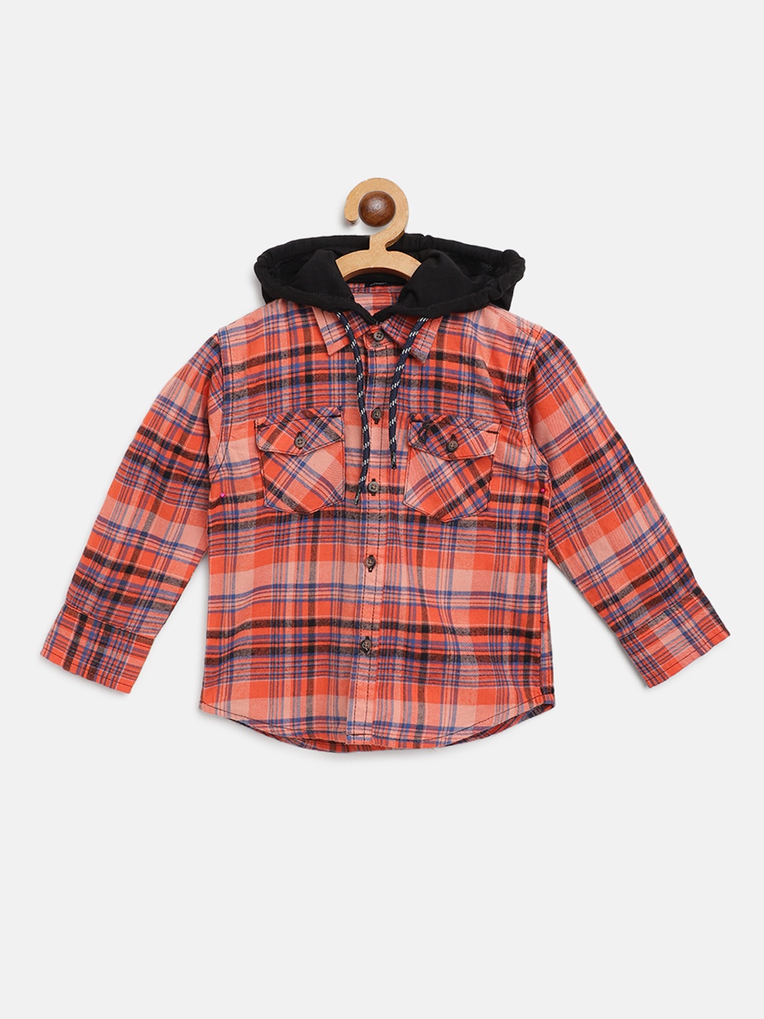 

Gini and Jony Boys Orange & Blue Pure Cotton Slim Fit Checked Shirt with Detachable Hood