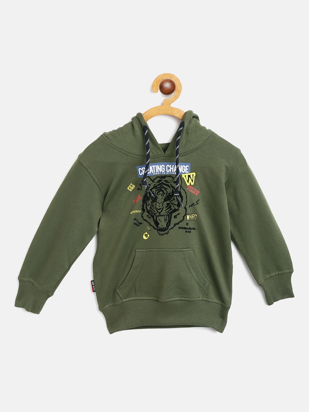 

Gini and Jony Boys Olive Green Printed Hooded Sweatshirt