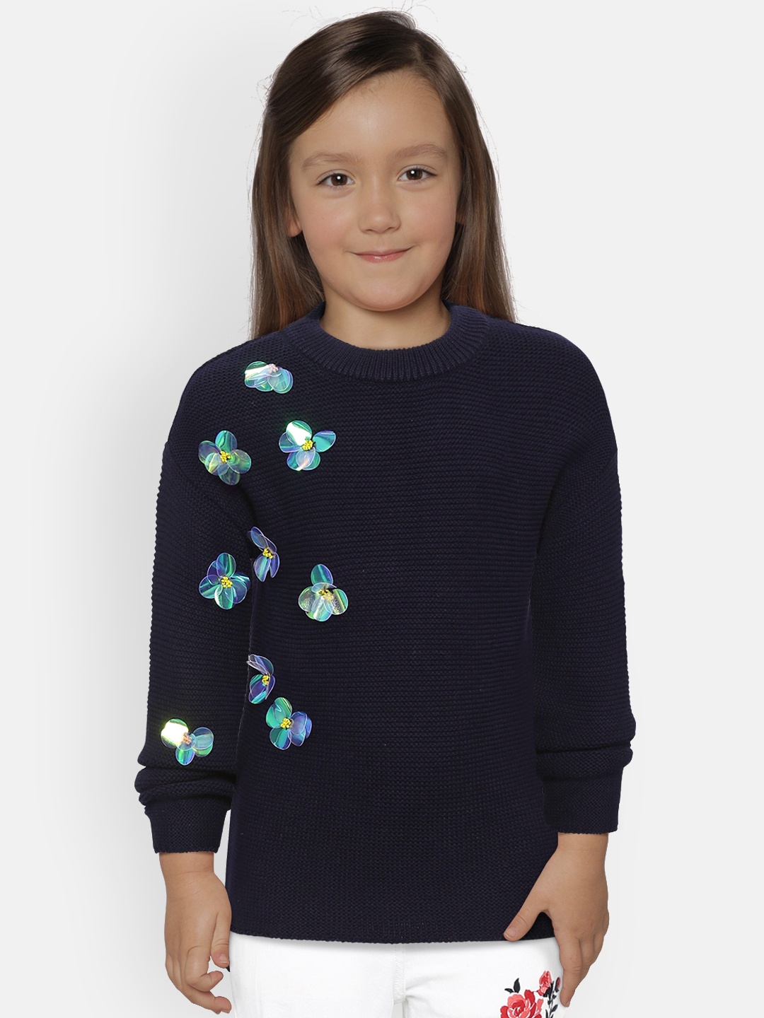 

Gini and Jony Girls Navy Blue Floral Applique Detail Pullover Sweater