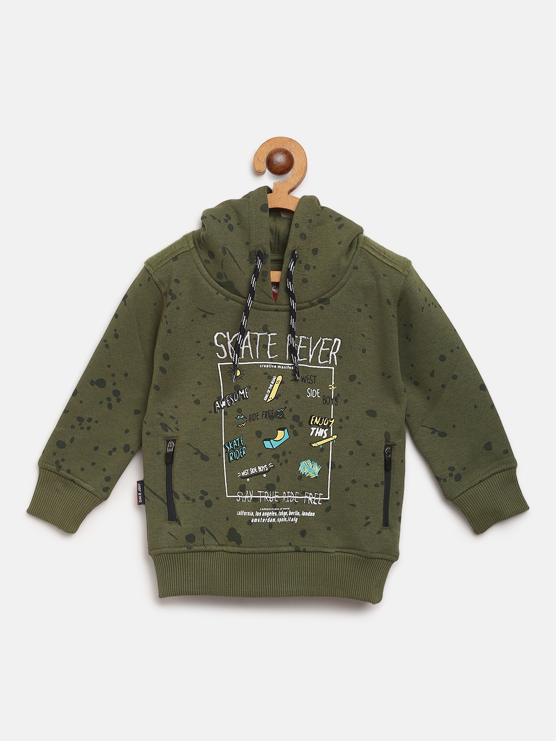 

Gini and Jony Boys Olive Green Printed Hooded Sweatshirt