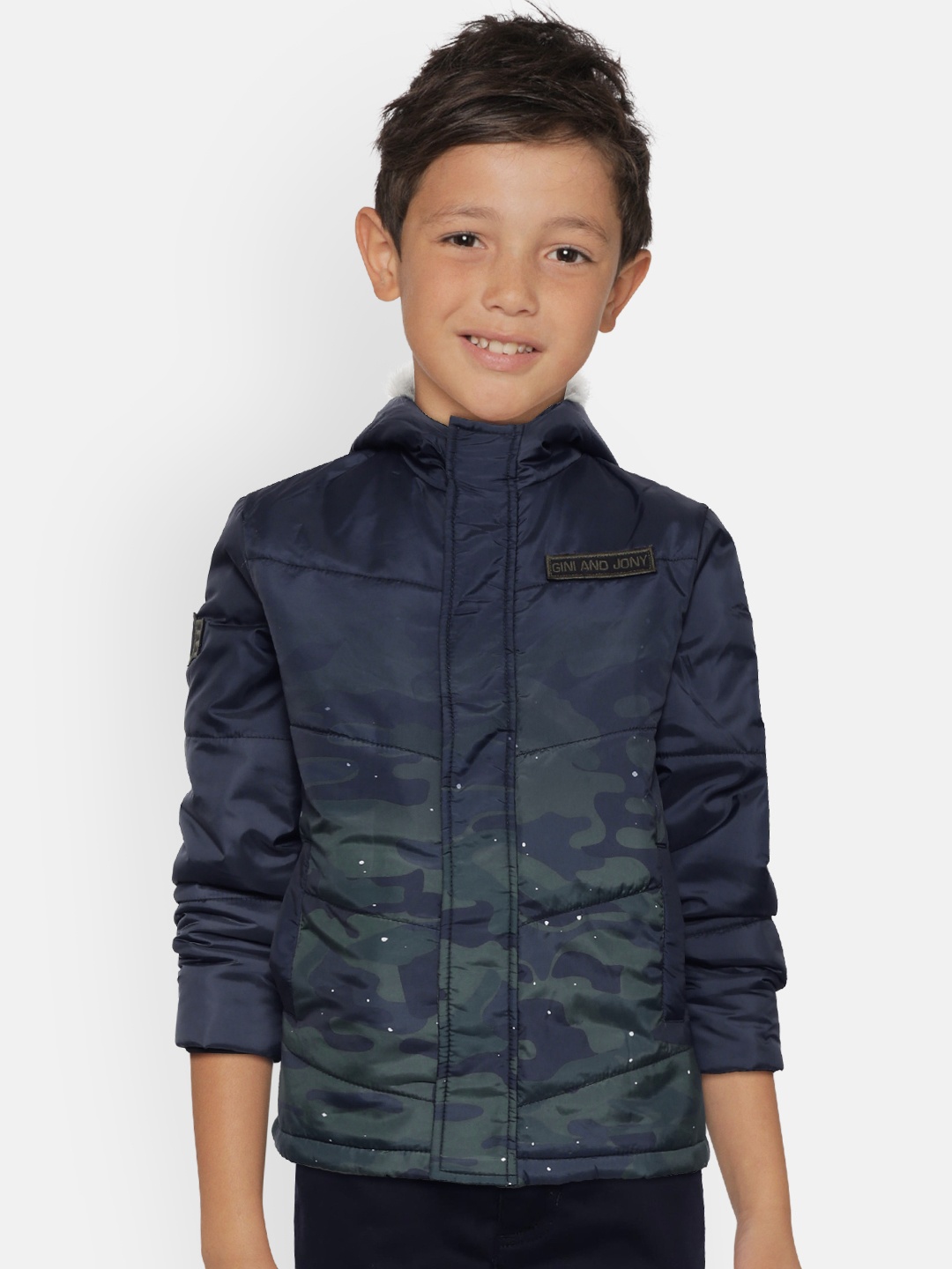 

Gini and Jony Boys Navy blue & Olive Green Printed Parka Jacket
