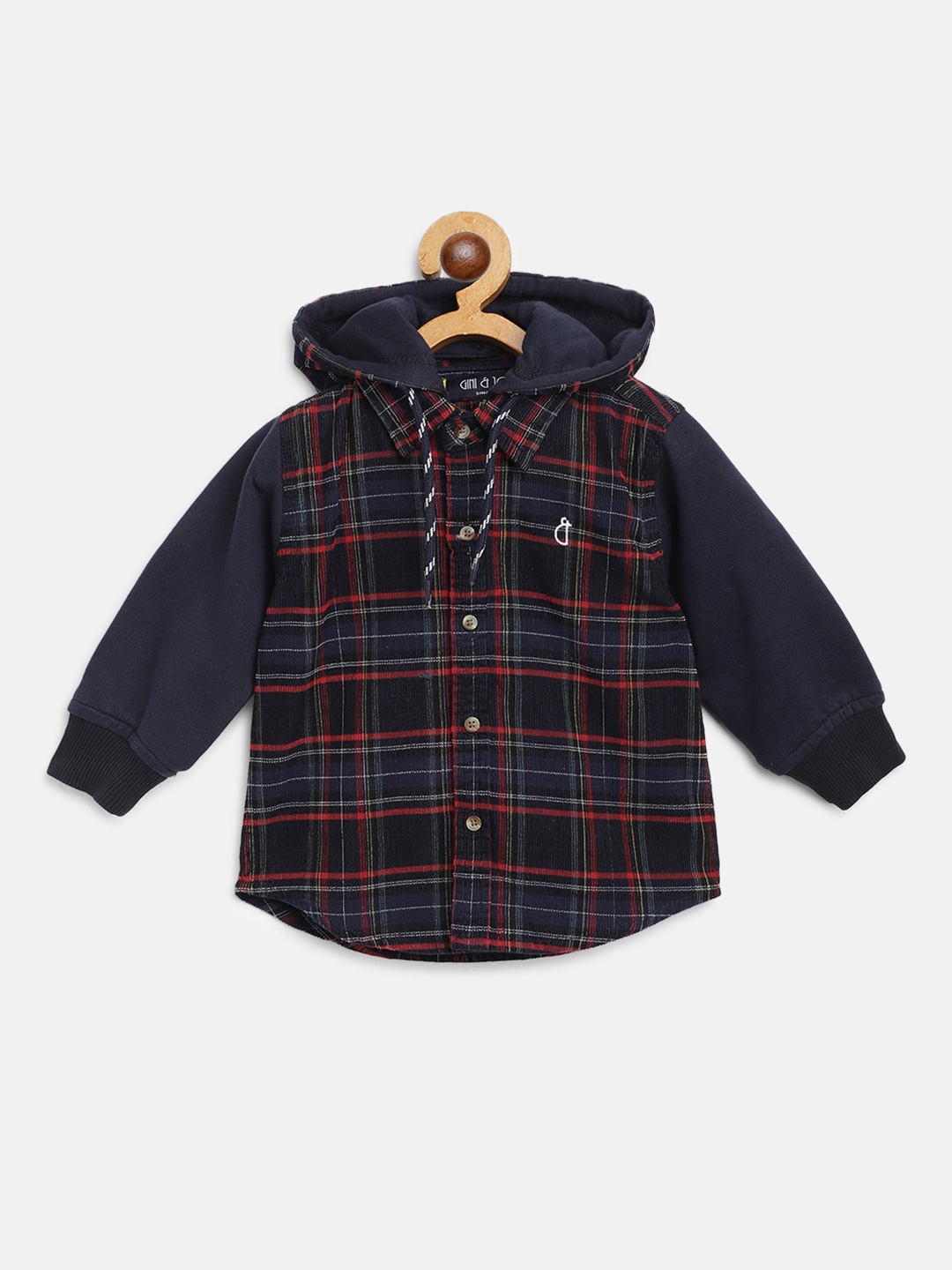 

Gini and Jony Boys Navy Blue & Red Corduroy Pure Cotton Checked Shirt with Detachable Hood