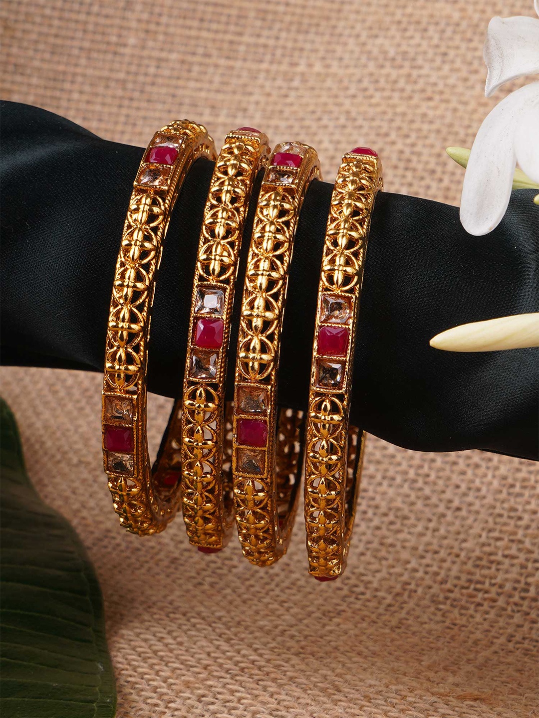 

Adwitiya Collection Women Set of 4 24 kt Gold-Plated Red Stone Studded Handcrafted Bangles