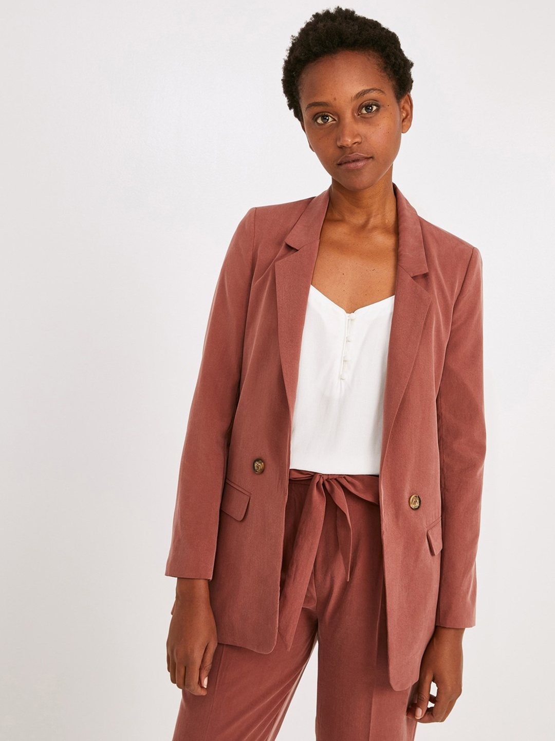 

promod Women Dusty Pink Solid Single-Breasted Casual Blazer