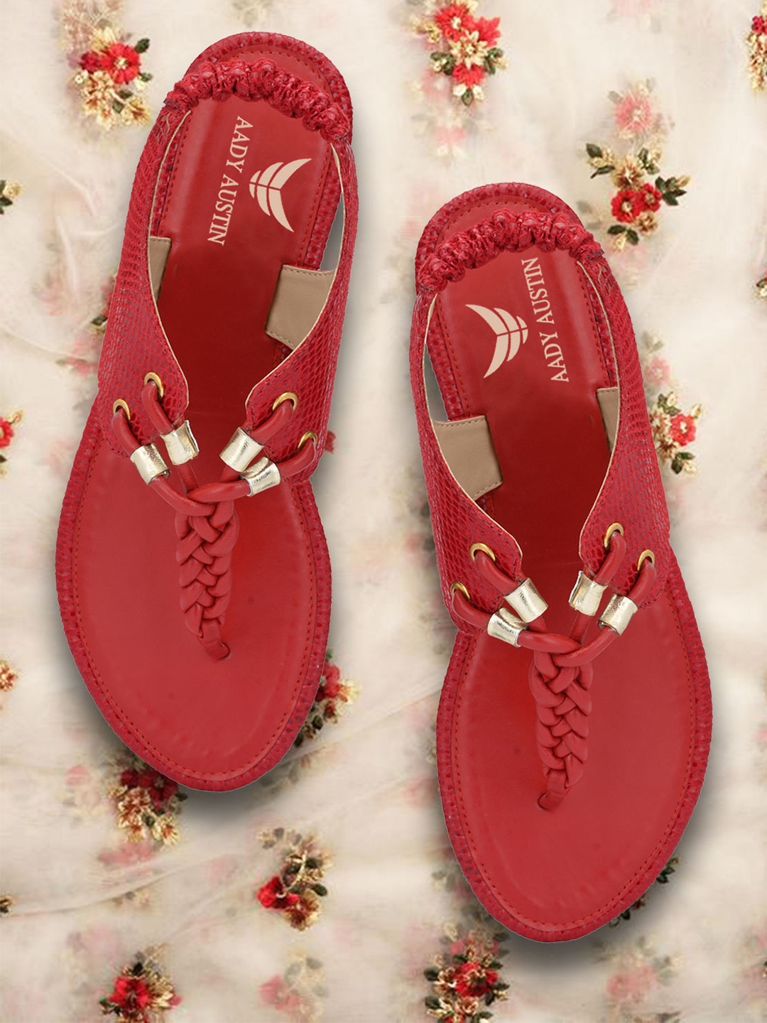 

AADY AUSTIN Women Red Woven Design T-Strap Flats
