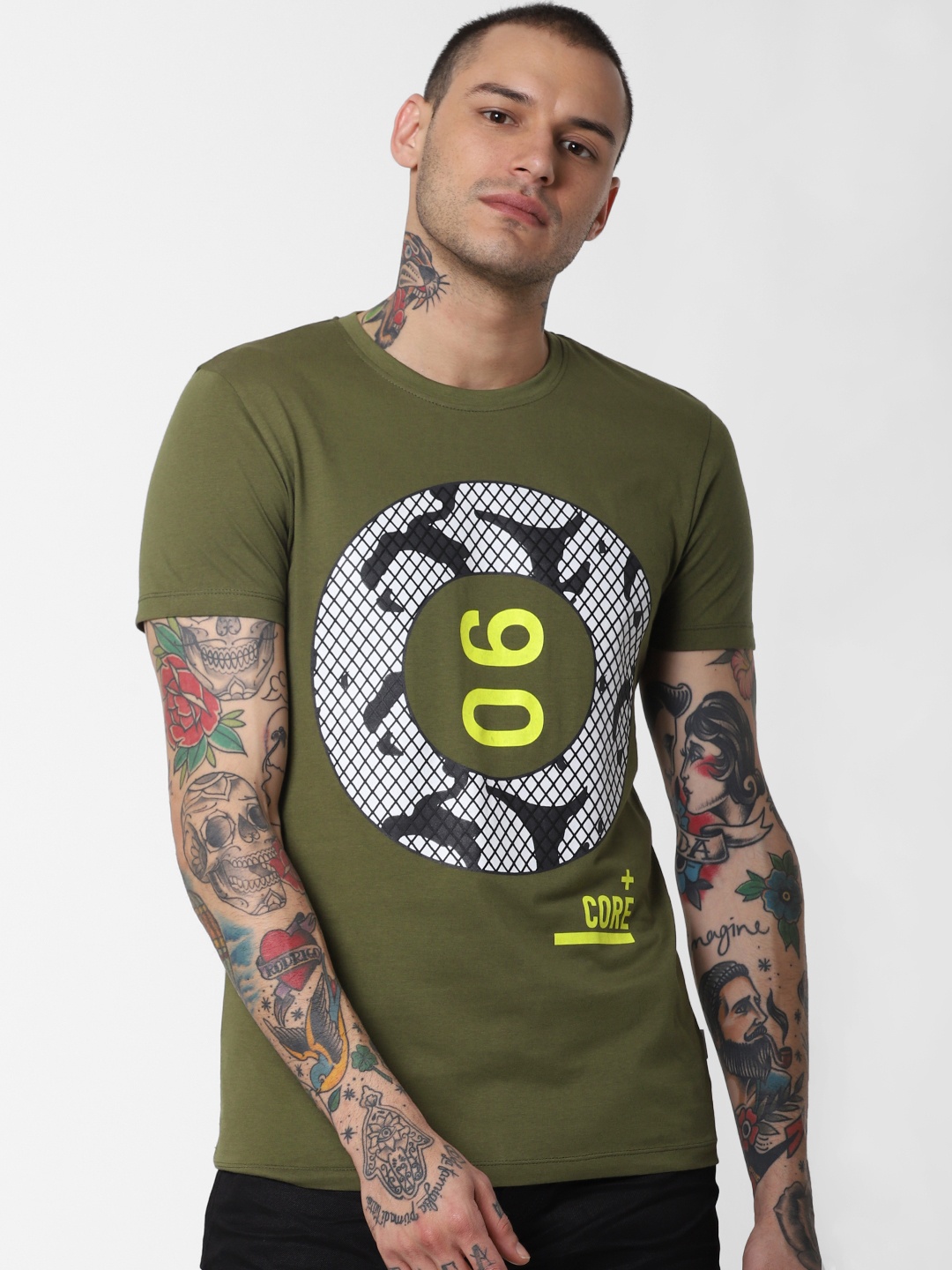 

Jack Jones Core Men Olive Green Printed Round Neck Pure Cotton T-shirt