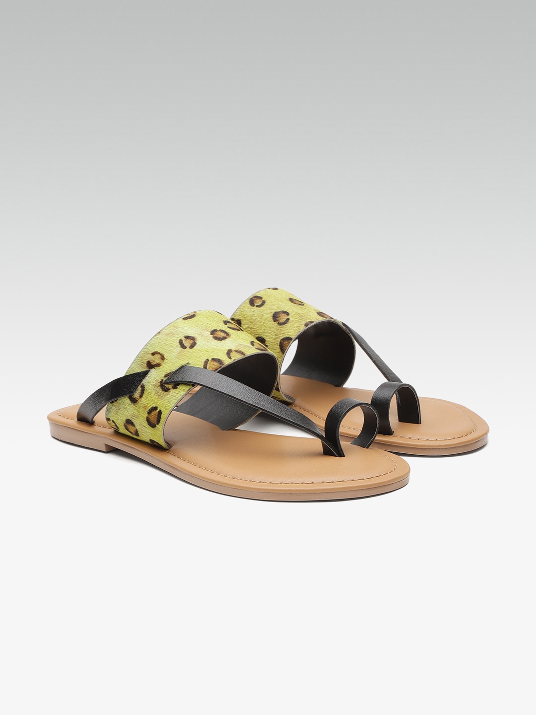 

Carlton London Women Lime Green & Brown Leopard Print Leather One Toe Flats