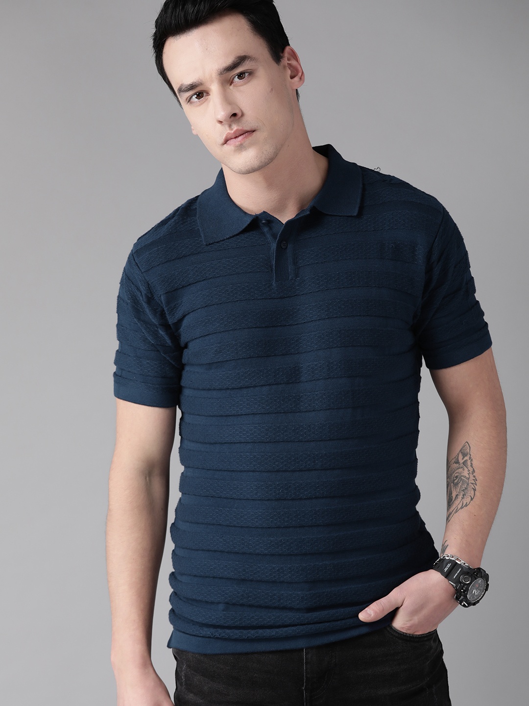 

Roadster Men Navy Blue Self-Striped Polo Collar T-shirt