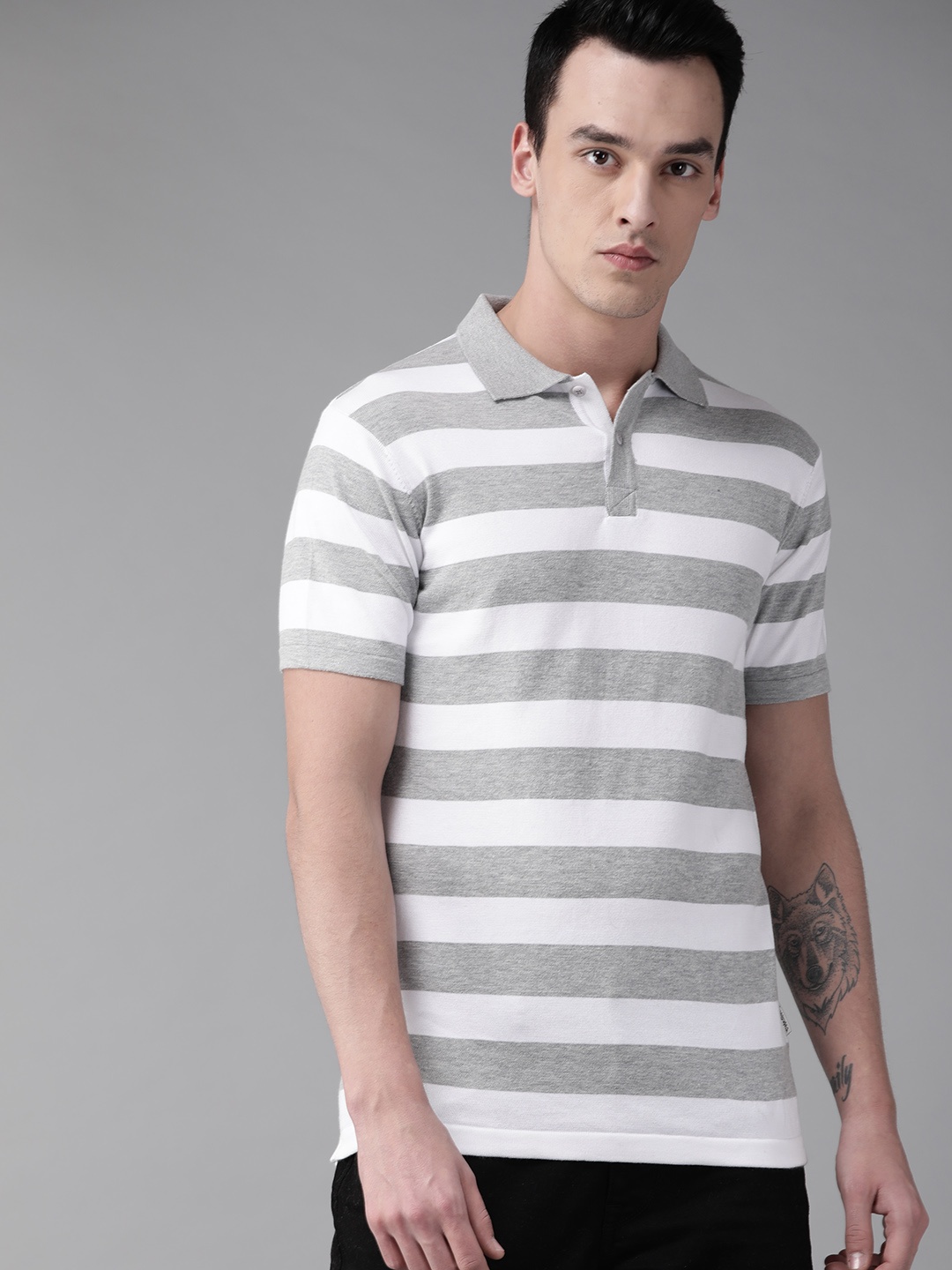 

The Roadster Lifestyle Co Men Grey Melange & White Striped Polo Collar T-shirt