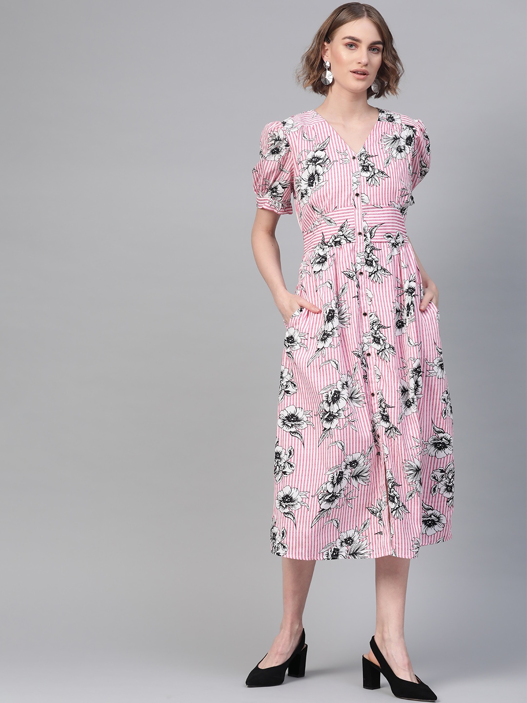 

Athena Women Pink & White Striped Midi Fit & Flare Dress with Floral Print Detail