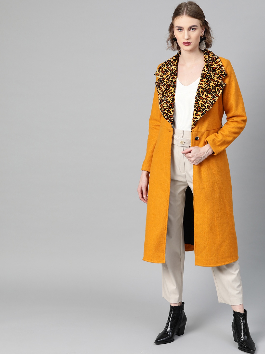 

Athena Women Mustard Yellow Solid Woollen Longline Overcoat