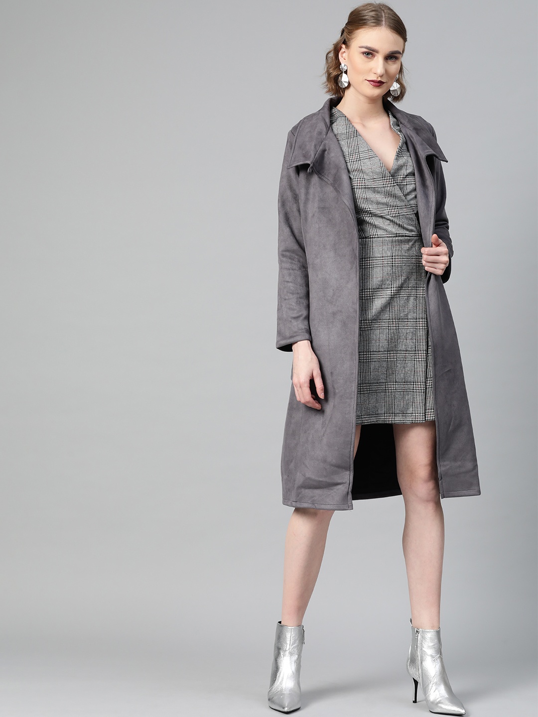 

Athena Women Grey Suede Finish Solid Overcoat