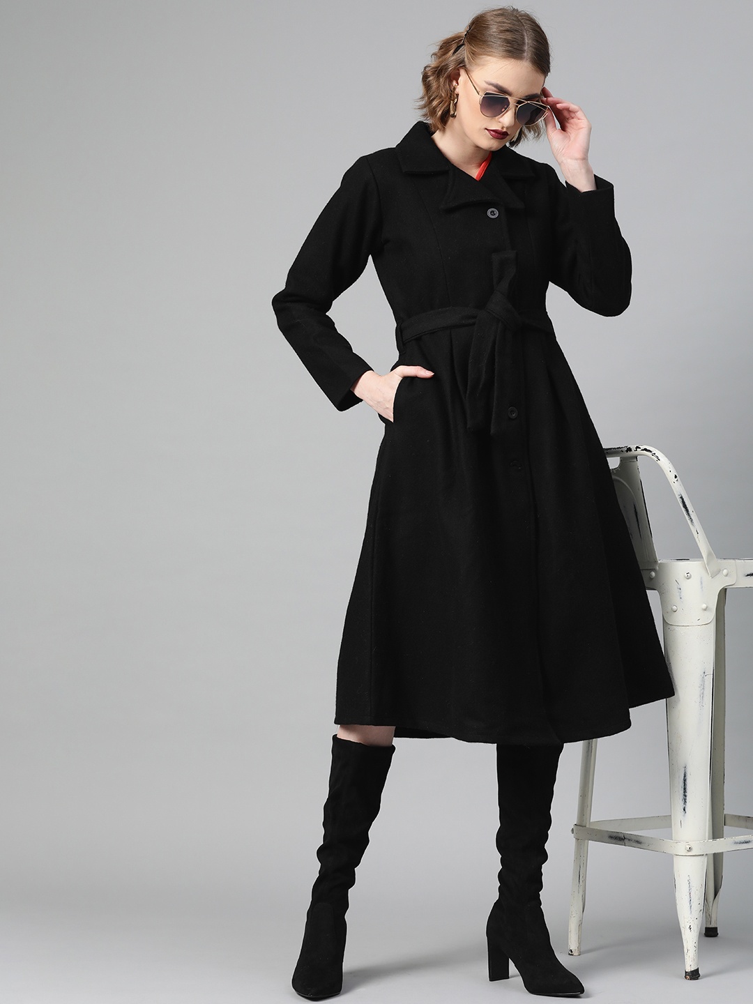 

Athena Women Black Solid Overcoat