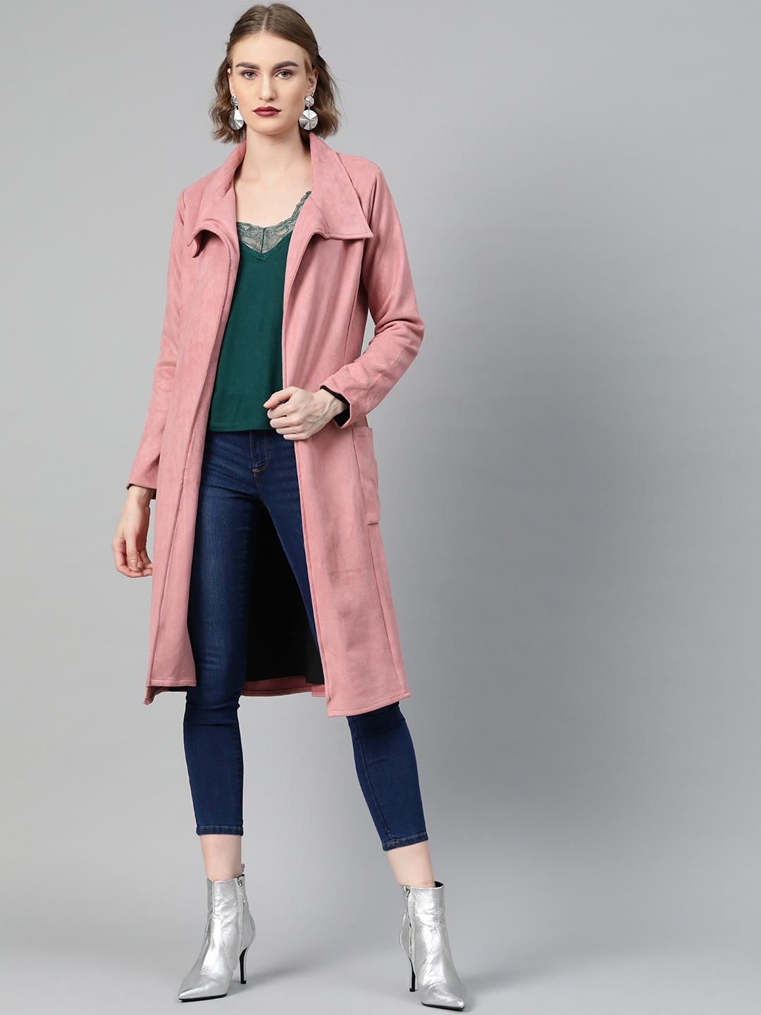 

Athena Women Dusty Pink Suede Finish Solid Overcoat