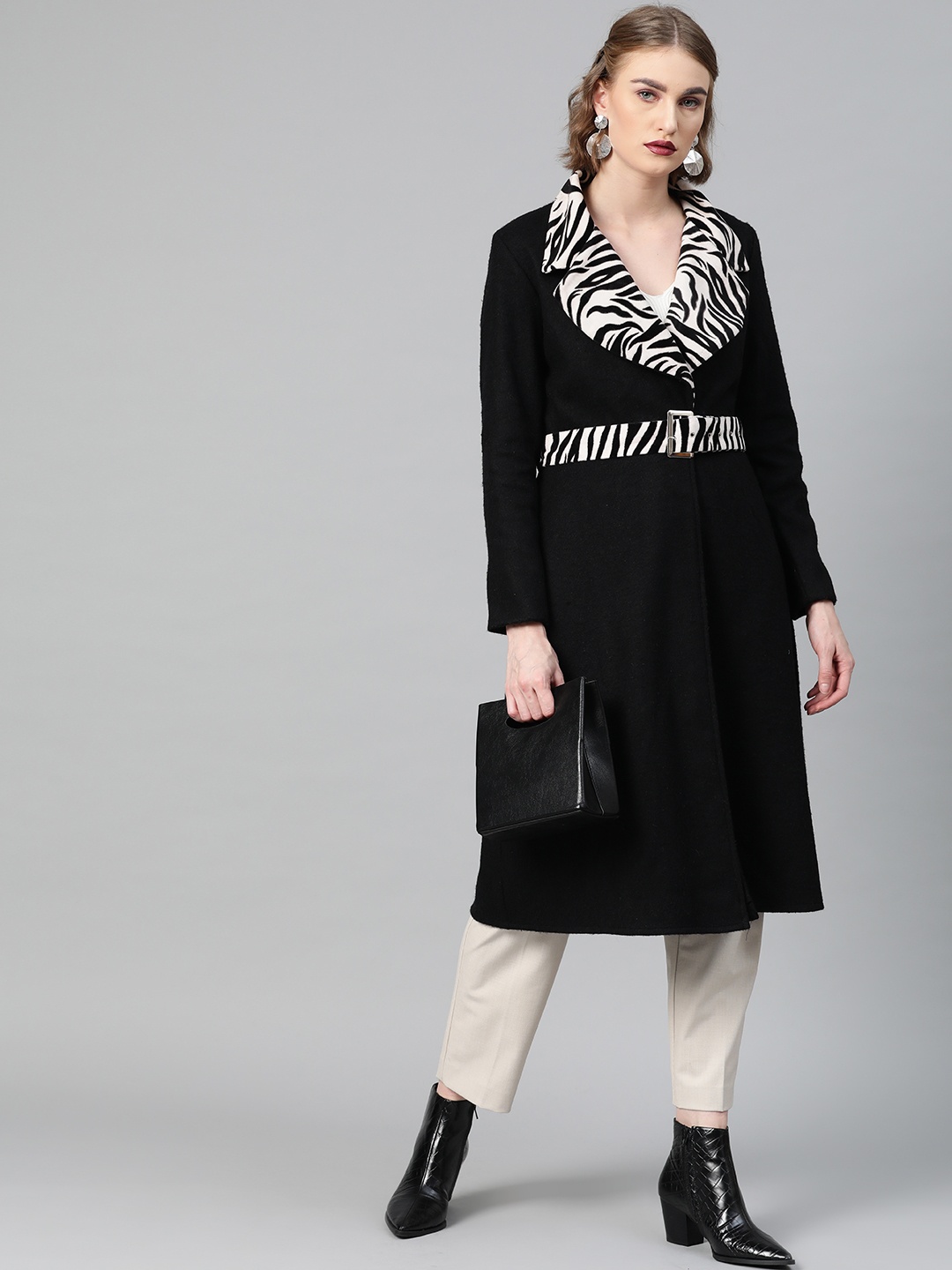 

Athena Women Black Solid Woollen Longline Overcoat