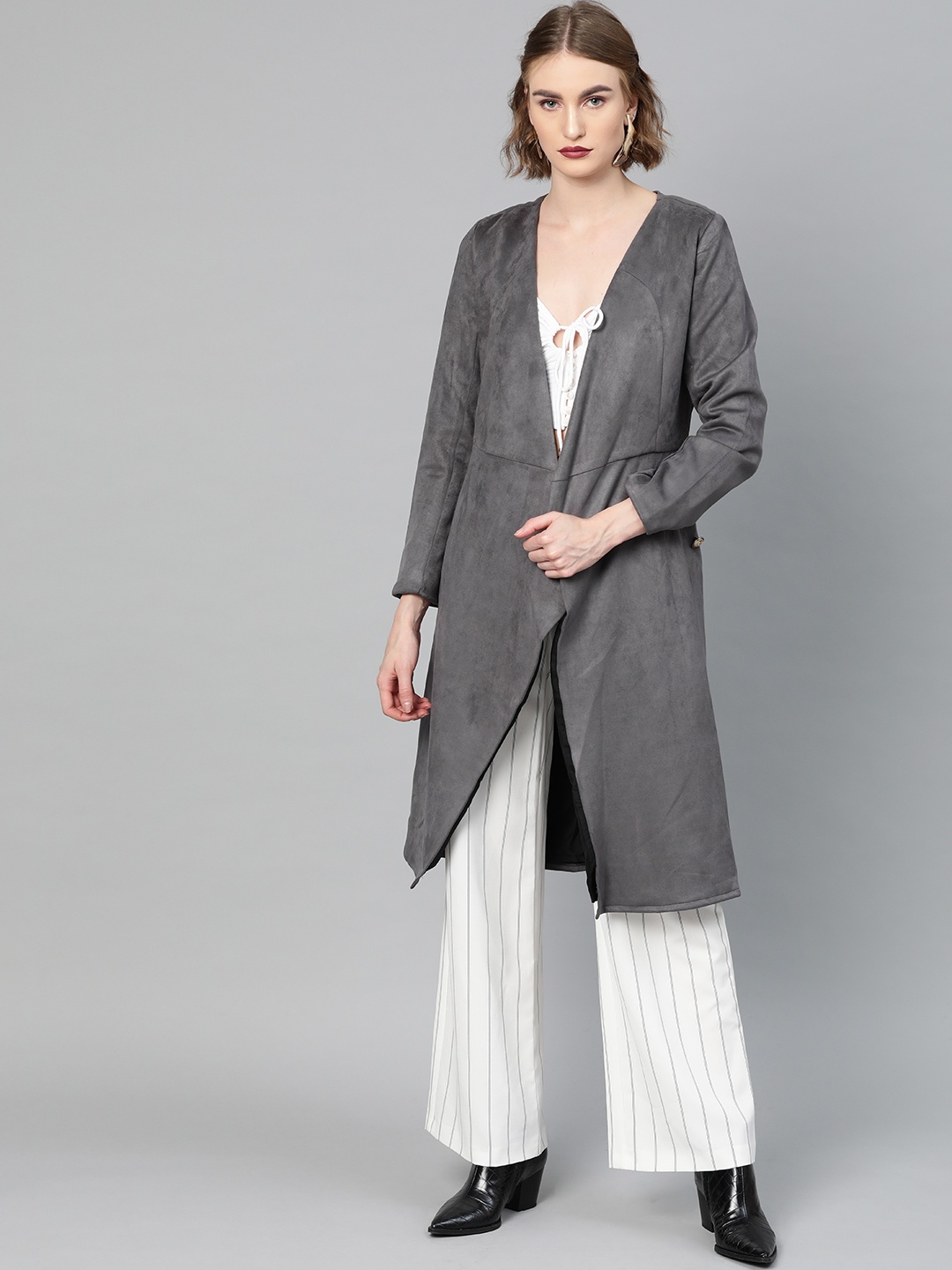 

Athena Women Grey Suede Finish Solid Wrap Coat