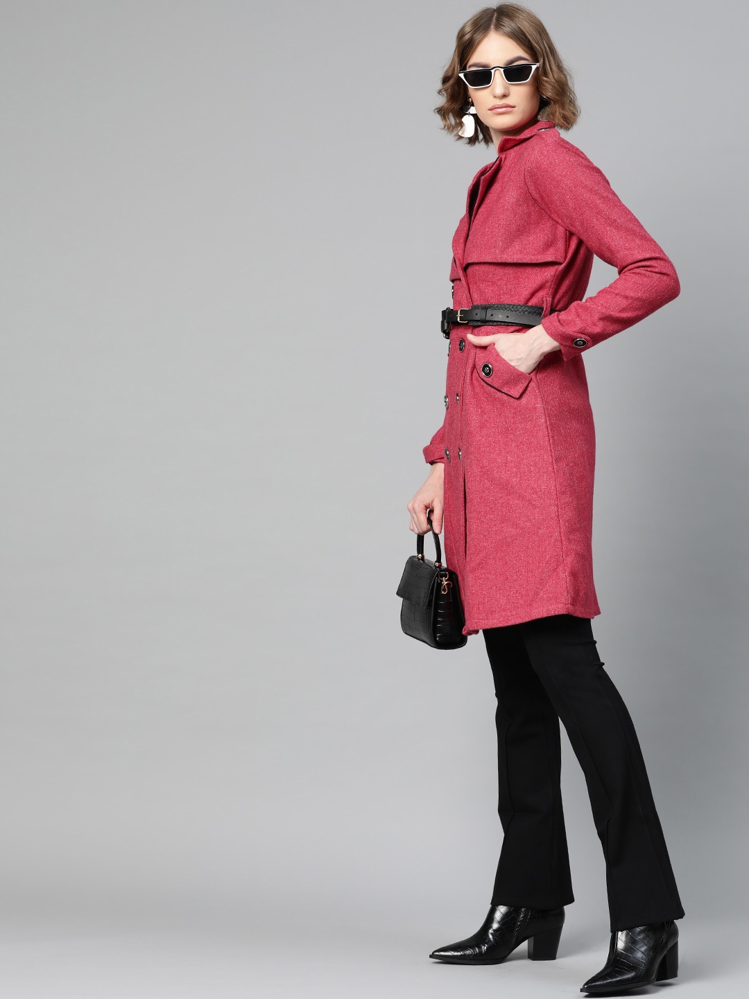 

Athena Women Pink Solid Woollen Double-Breasted Longline Pea Coat