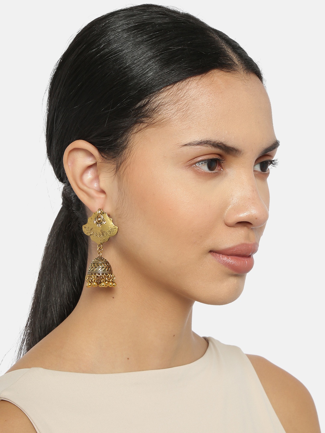 

justpeachy Gold-Toned Dome Shaped Antique Jhumkas