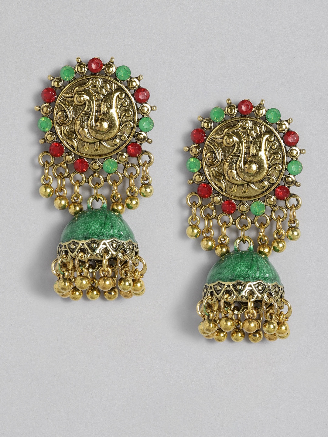 

justpeachy Gold-Plated & Green Dome Shaped Jhumkas
