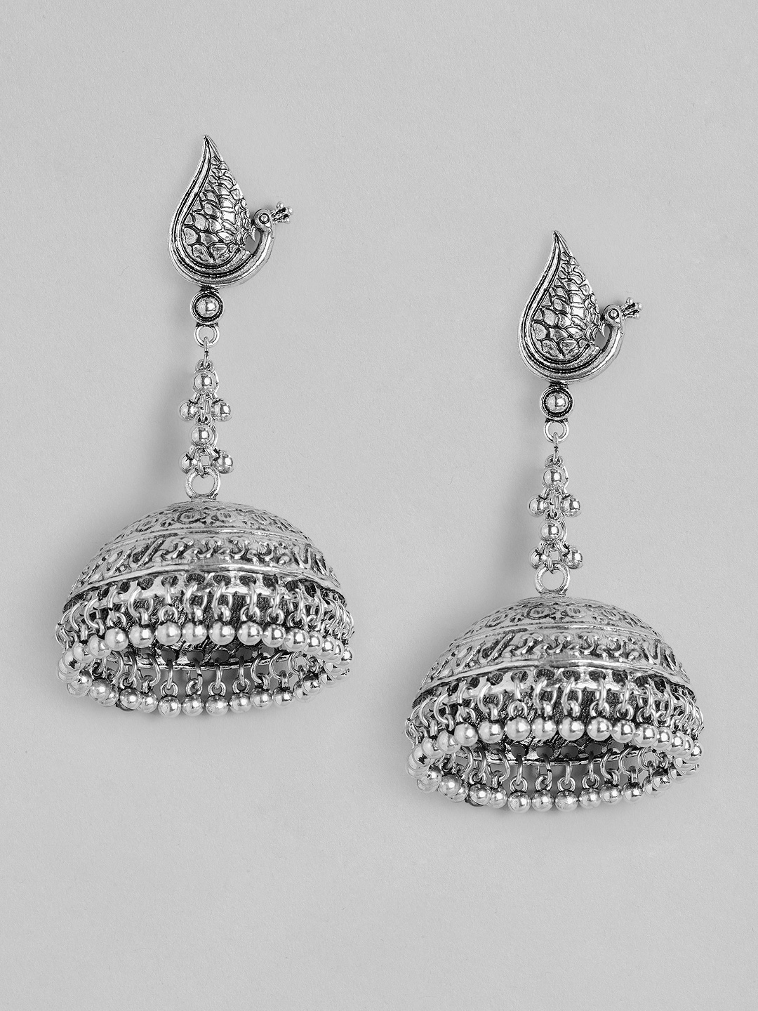 

justpeachy Silver-Plated Oxidised Dome Shaped Jhumkas
