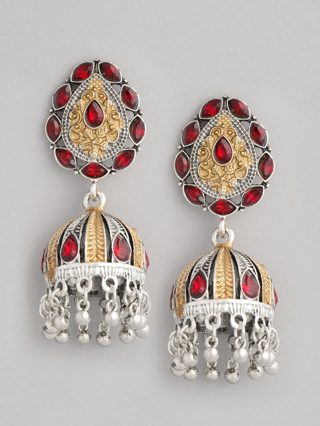 

justpeachy Silver-Toned & Red Dome Shaped Antique Jhumkas