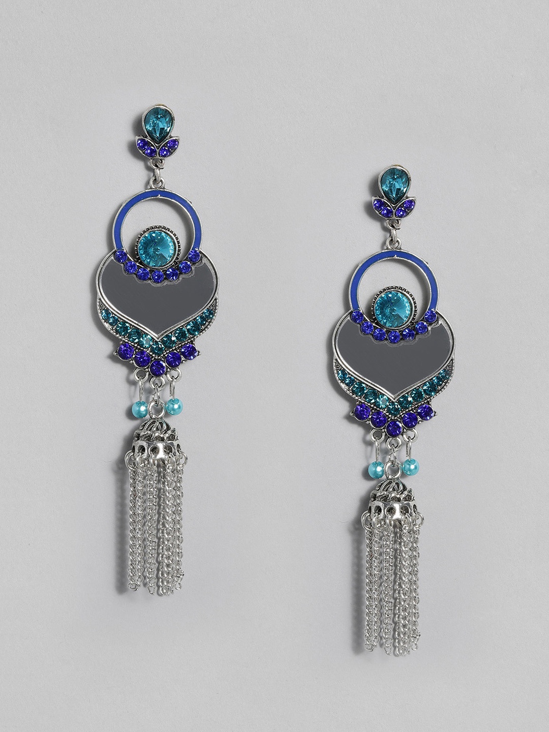 

justpeachy Blue Silver-Plated Tasselled Contemporary Drop Earrings