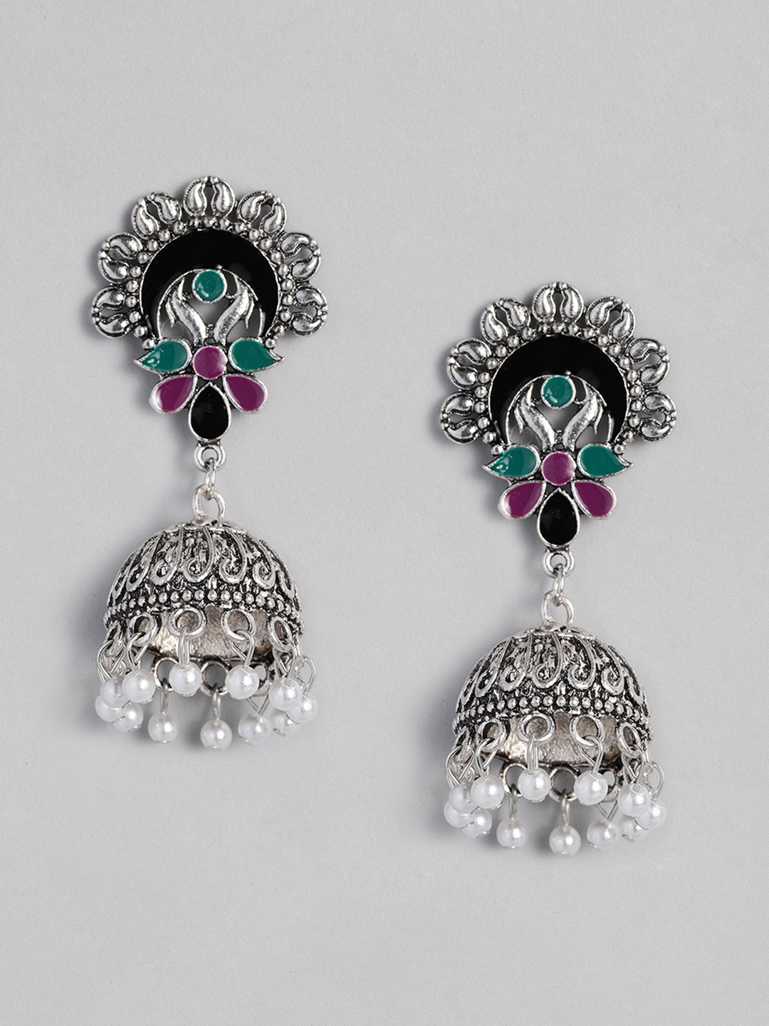 

justpeachy Silver-Plated & Green Enamelled Oxidised Dome Shaped Jhumkas