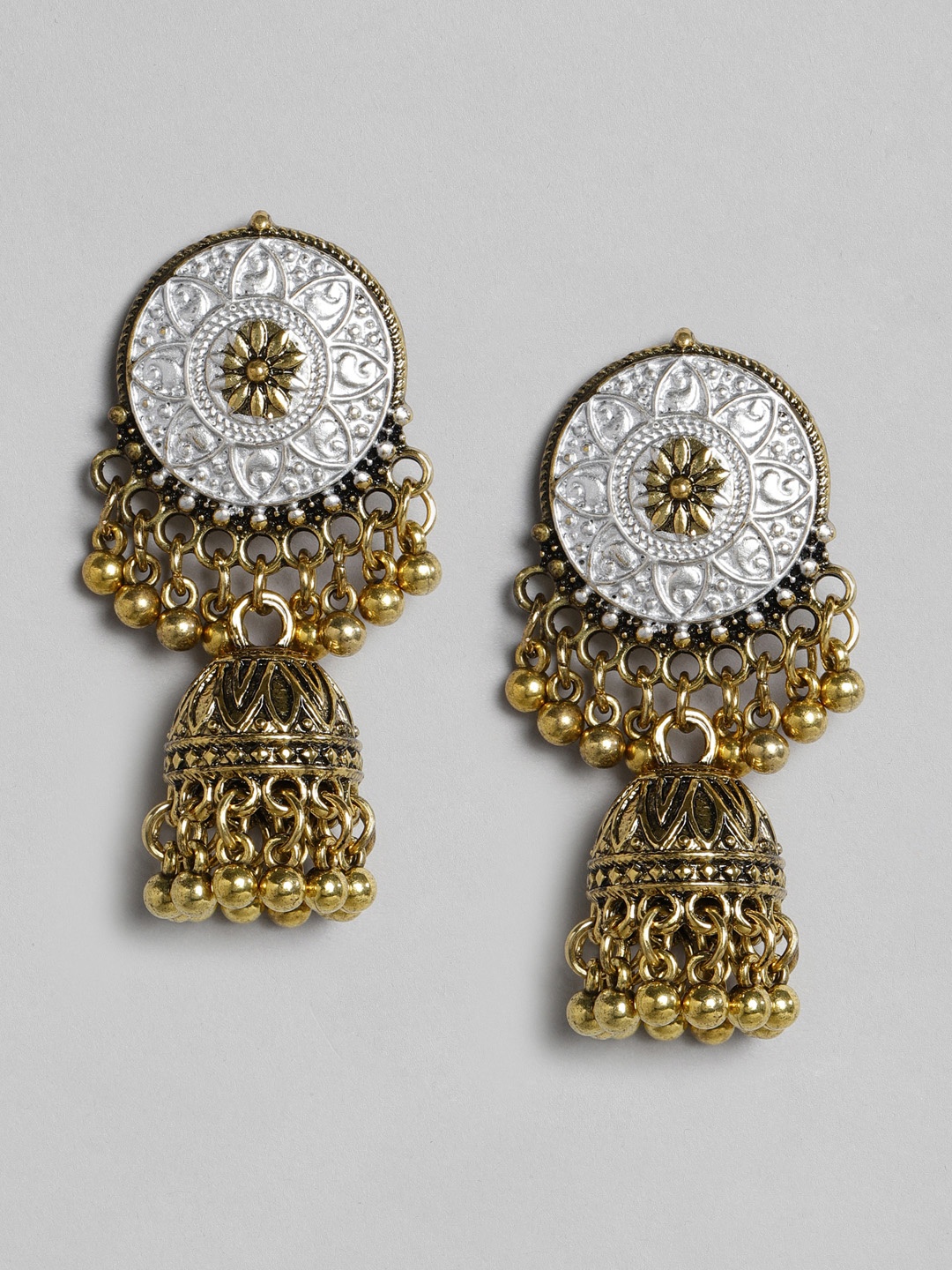 

justpeachy Gold-Toned & Silver-Toned Antique Dome Shaped Jhumkas
