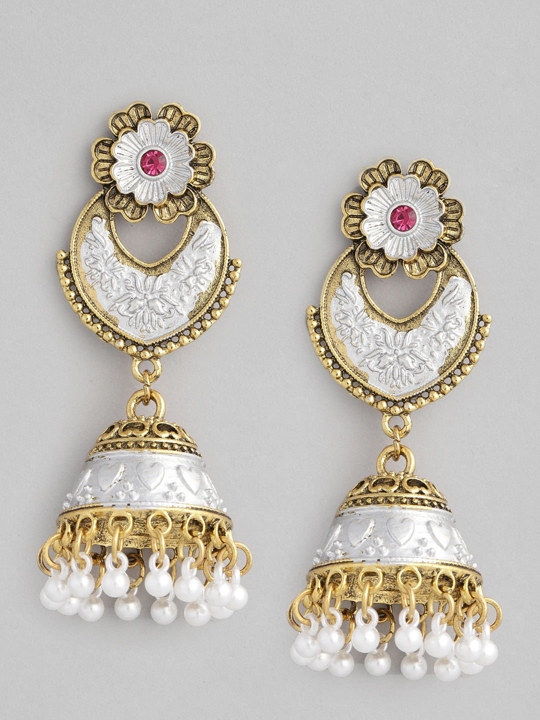

justpeachy Gold-Toned & Silver-Toned Dome Shaped Antique Jhumkas