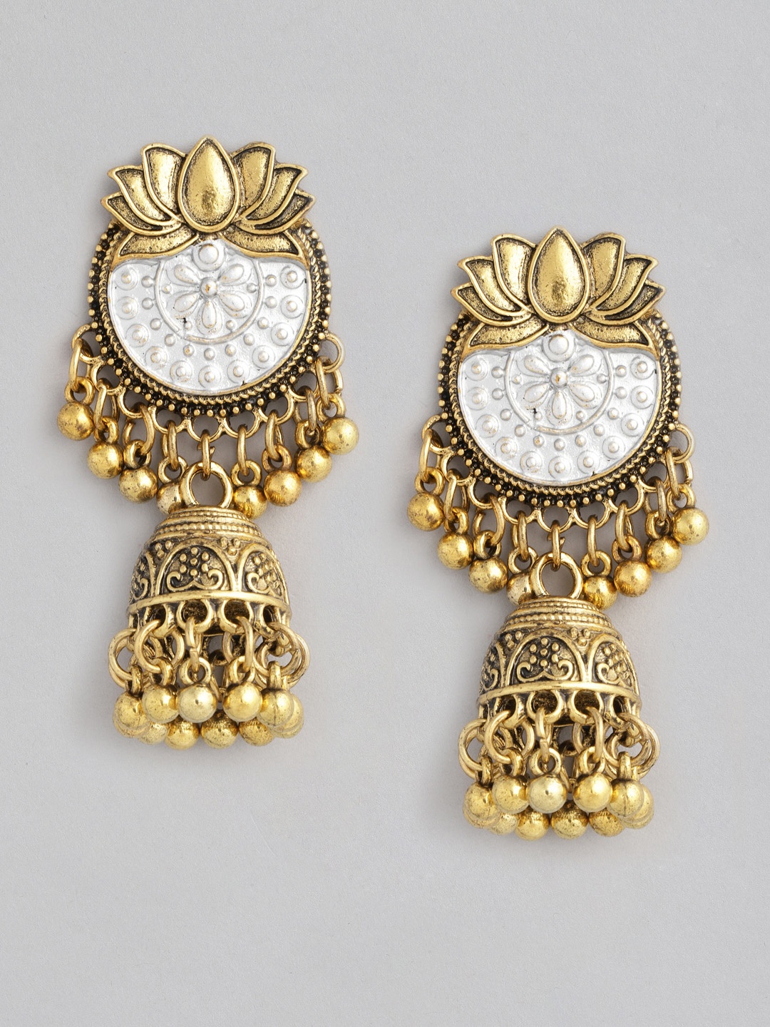 

justpeachy Gold-Toned & Silver-Toned Dome Shaped Antique Jhumkas