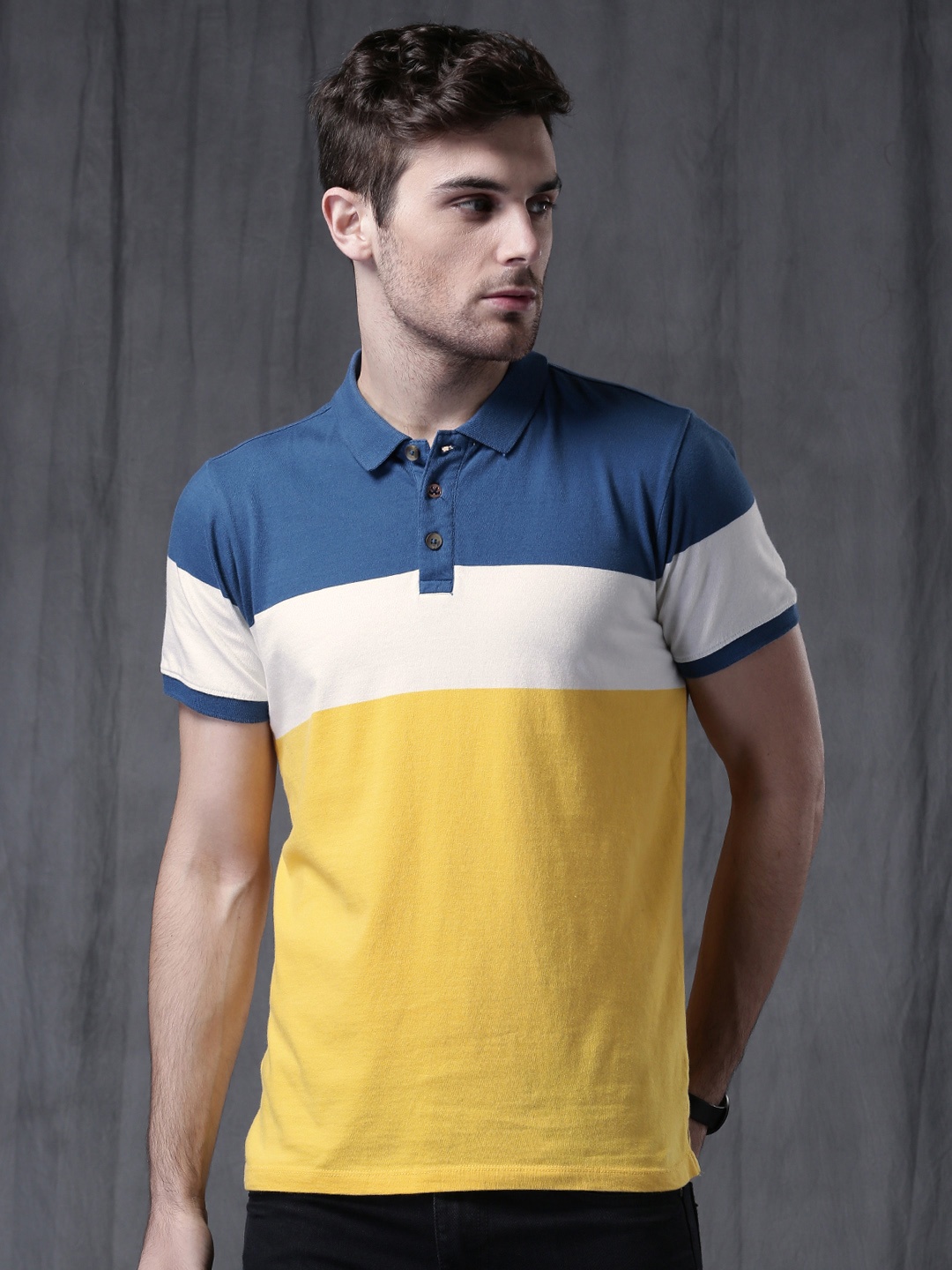 

WROGN Men Yellow Blue Colourblocked Polo Collar Pure Cotton T-shirt