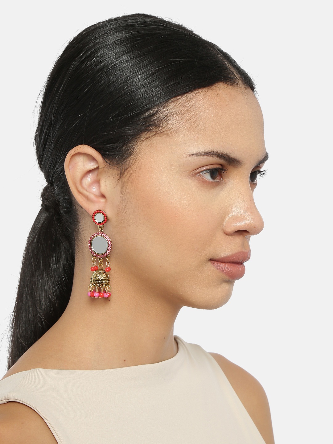 

justpeachy Red & Gold-Toned Dome Shaped Mirror Jhumkas