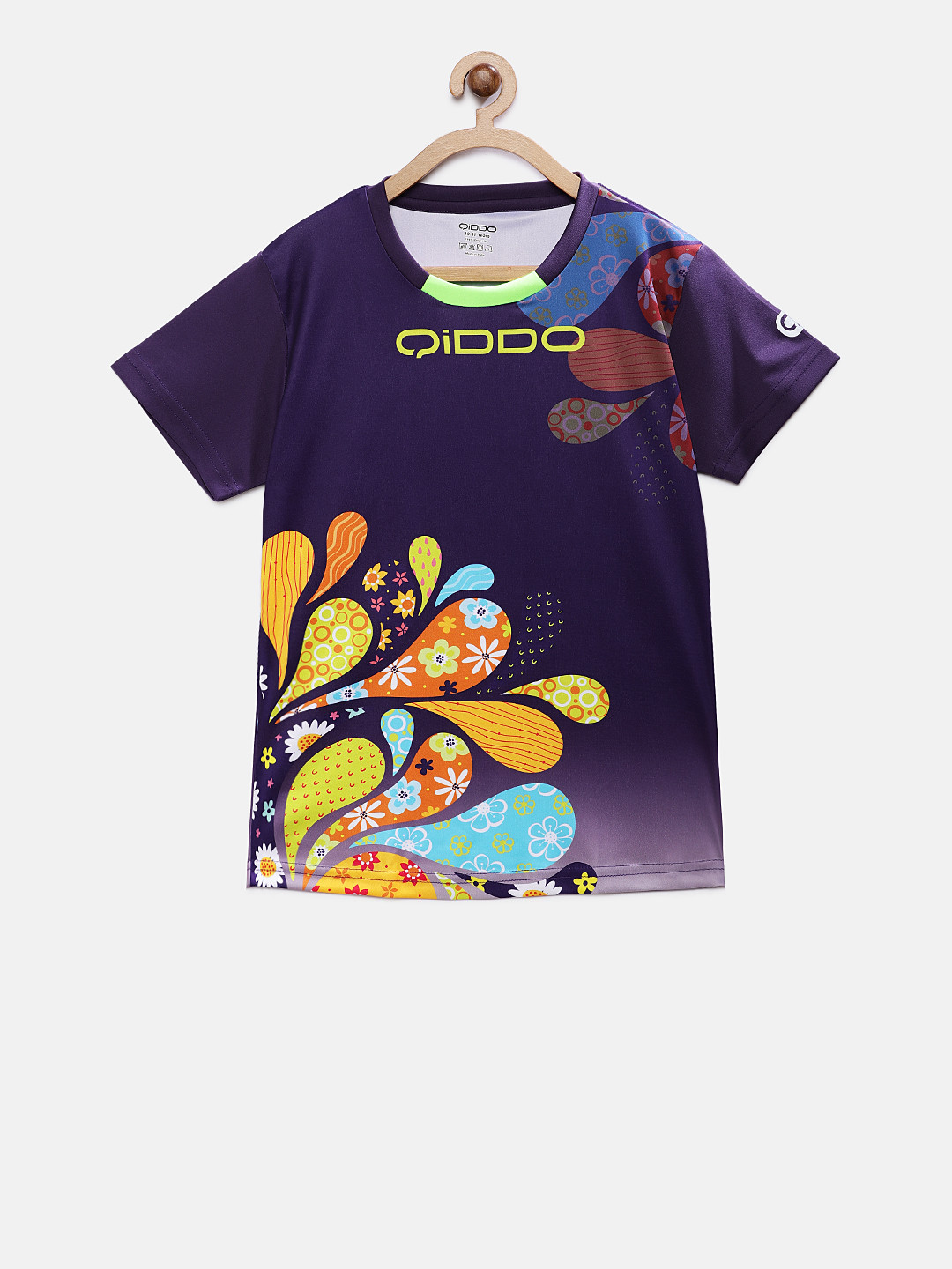 

QIDDO Girls Purple & Yellow Printed Round Neck Sports T-shirt