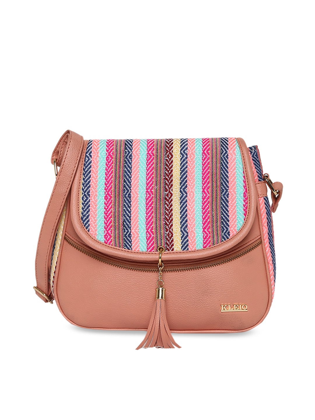 

KLEIO Peach-Coloured Jacquard Half Moon Sling Bag with Tasselled