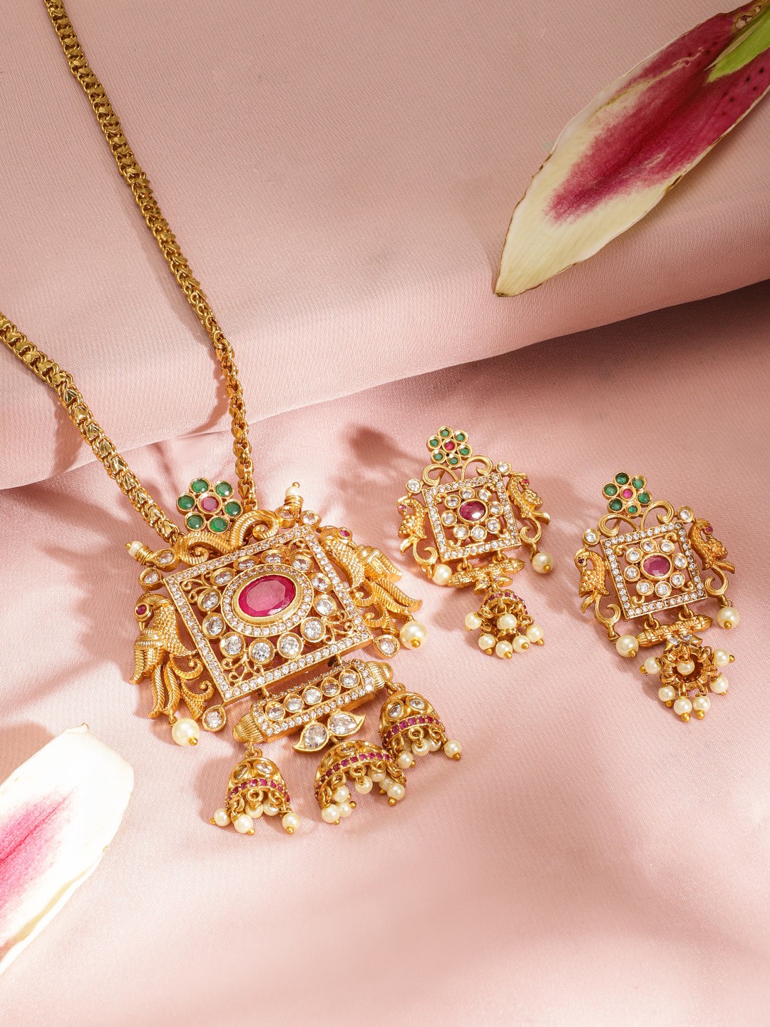 

Rubans Women Gold-Plated Ruby Studded Handcrafted Temple Jewellery Set